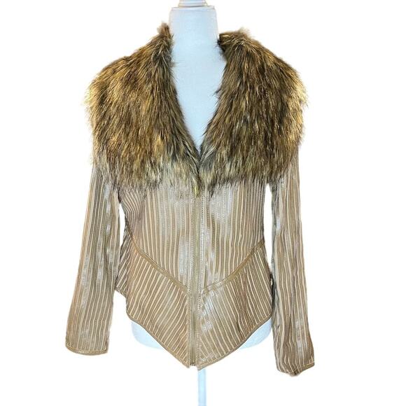 IMAN Leather and Faux Fur Collar Jacket Stripe Brown Women's Small (F-142) - Picture 7 of 8